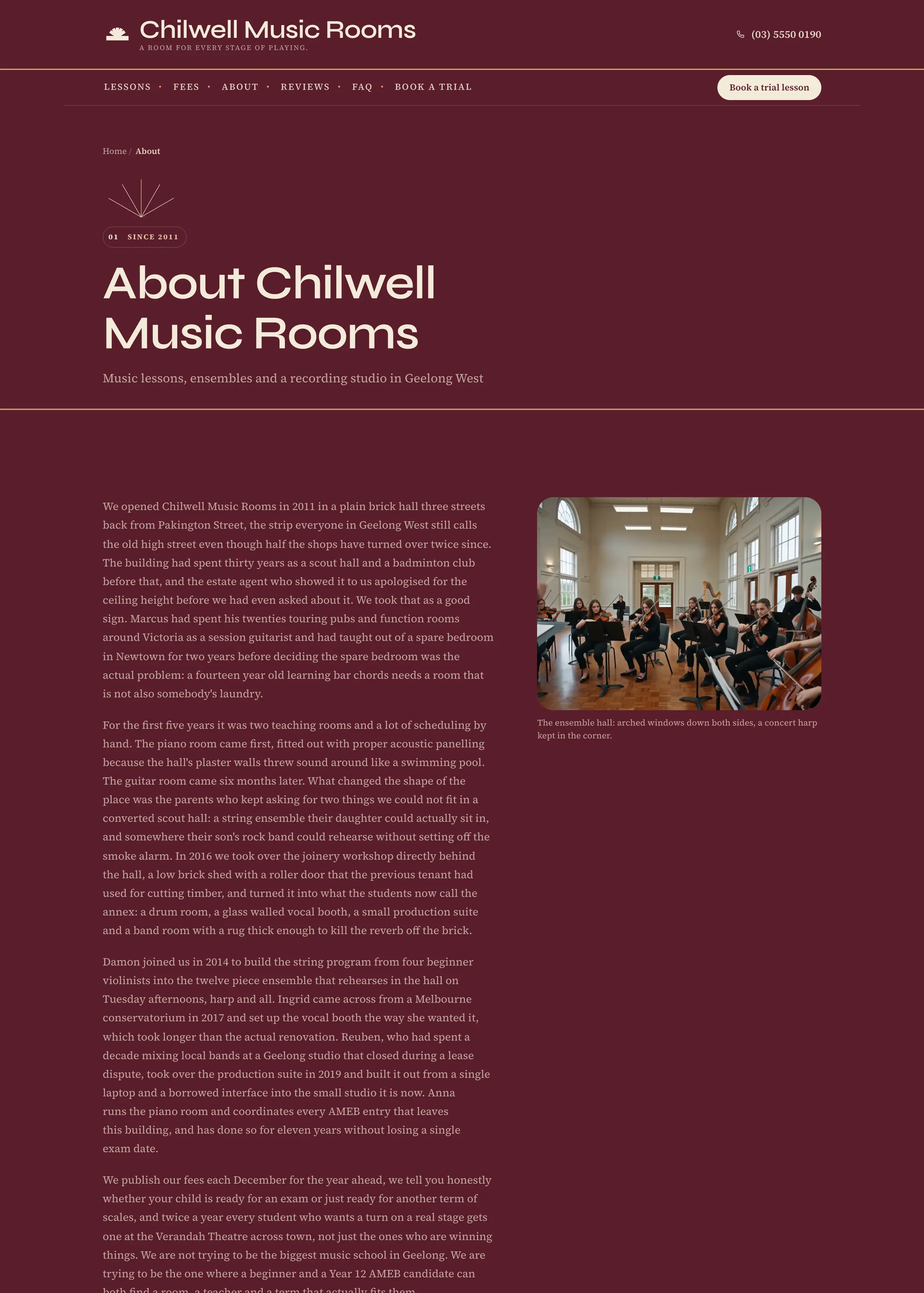 Chilwell Music Rooms website, an inner page, desktop