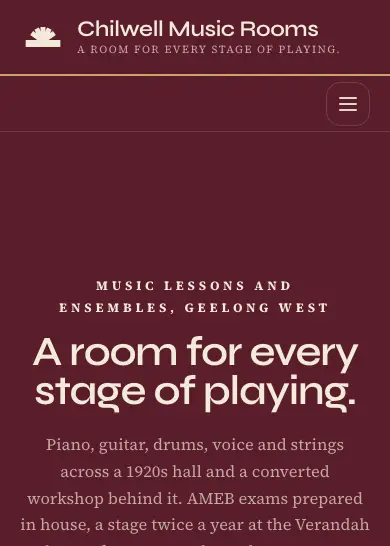 Chilwell Music Rooms website, home page, mobile
