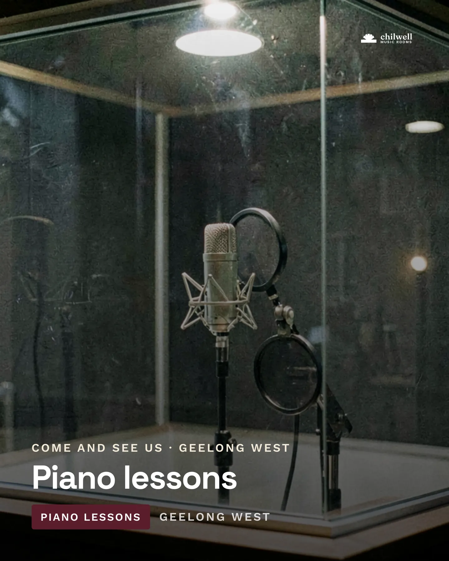 Chilwell Music Rooms social post: One-on-one piano lessons in a purpose built, acoustically treated room, from a first scale to AMEB grades. Chilwell Music Rooms is a fiction…
