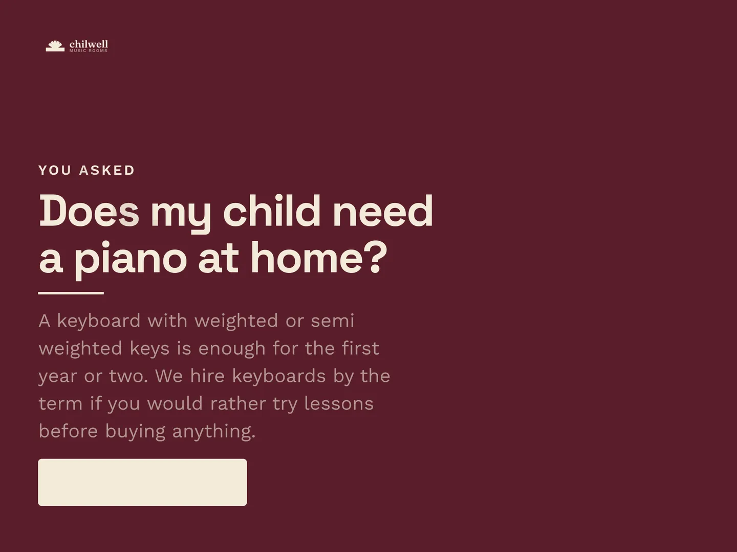Chilwell Music Rooms social post: Does my child need a piano at home? A keyboard with weighted or semi weighted keys is enough for the first year or two. We hire keyboards by…