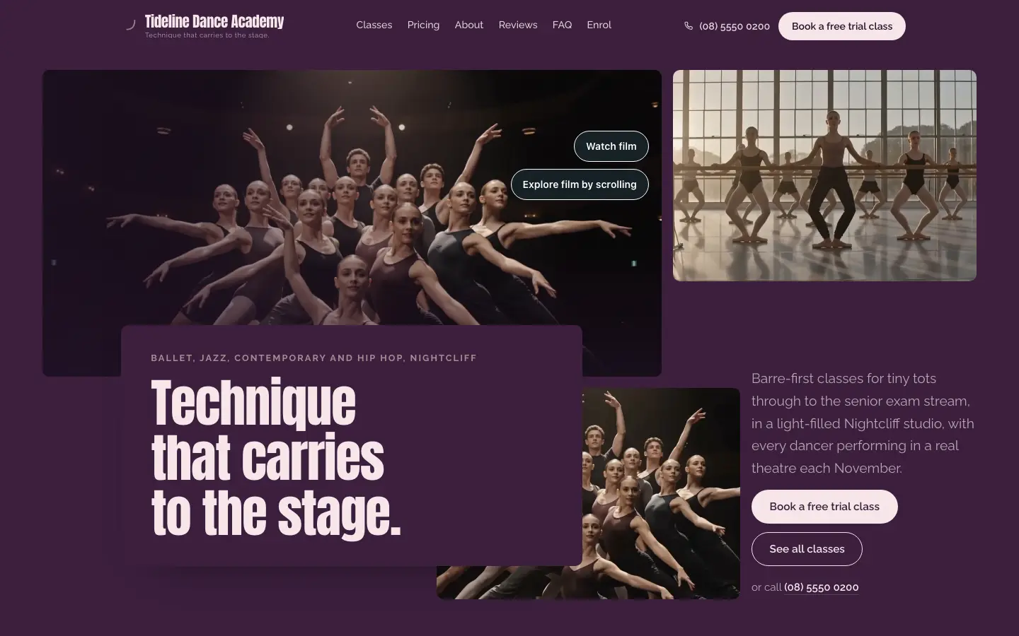 Tideline Dance Academy website, home page, desktop