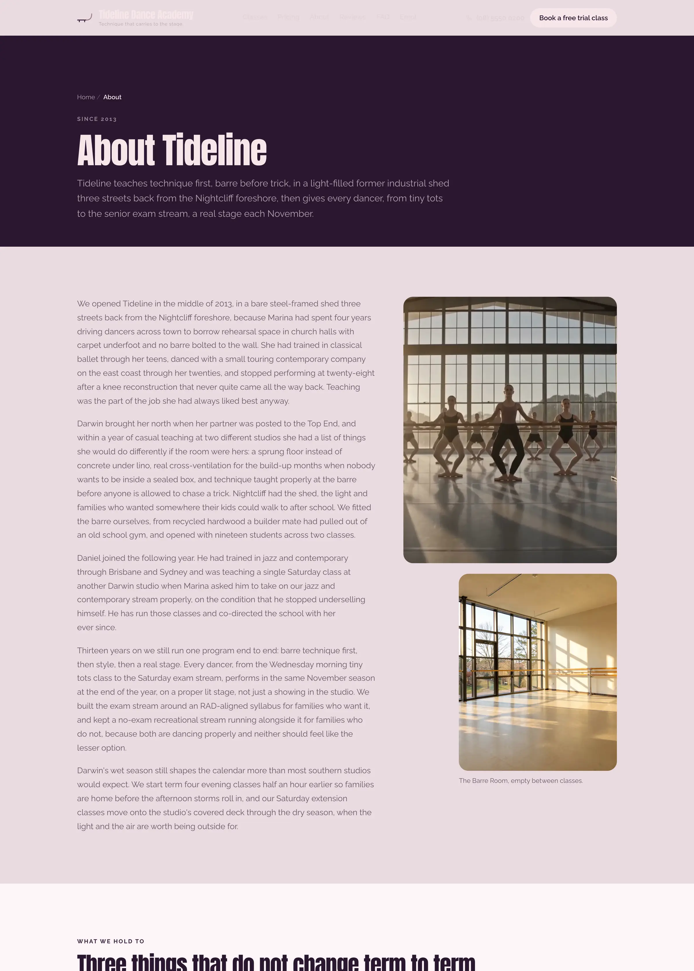 Tideline Dance Academy website, an inner page, desktop