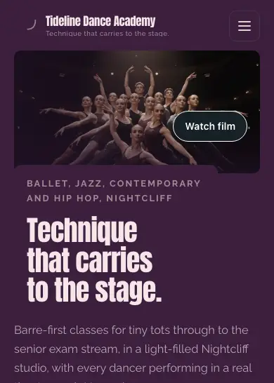 Tideline Dance Academy website, home page, mobile