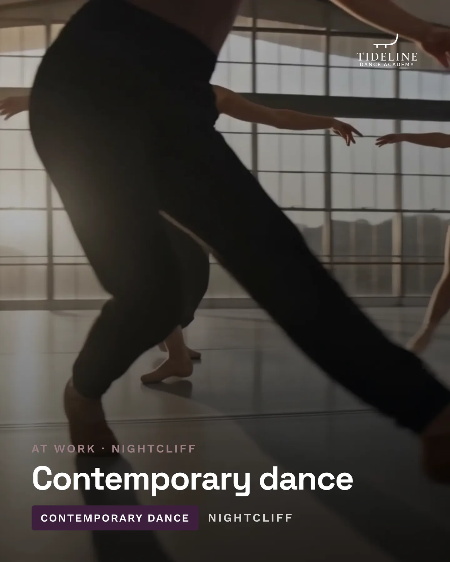 Tideline Dance Academy social post: Floor work, weight transfer and travelling phrases for dancers who already have ballet or jazz technique underneath them. Tideline Dance Aca…