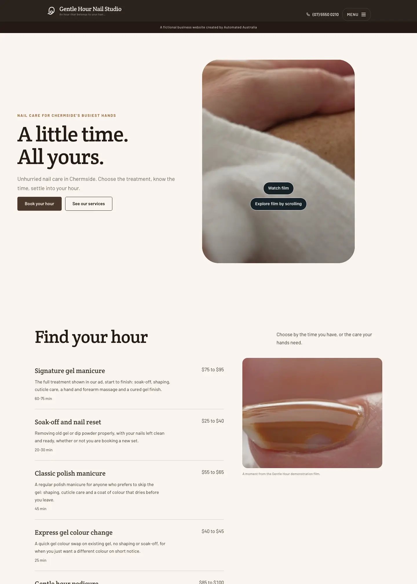 Gentle Hour Nail Studio website, home page, desktop