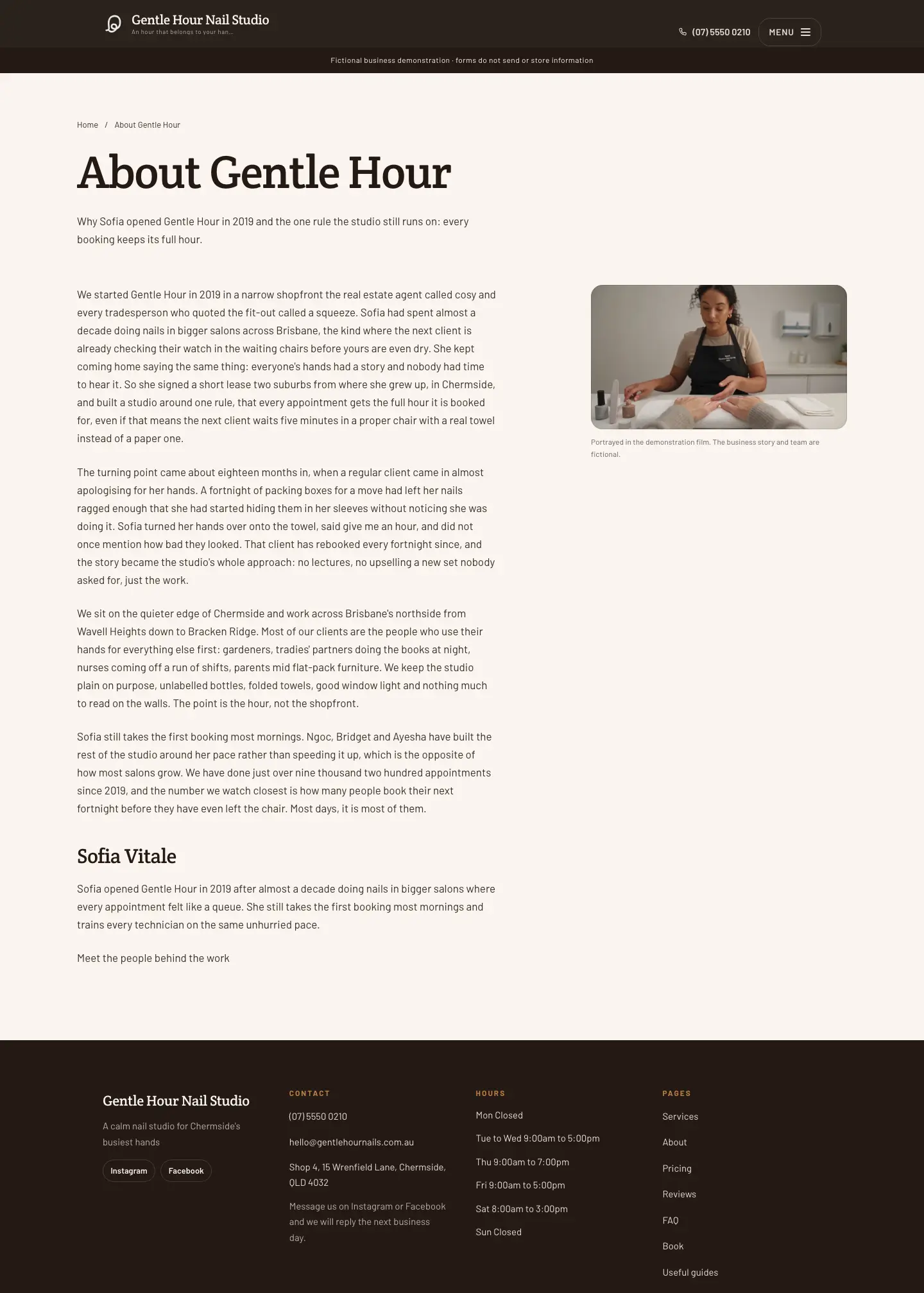 Gentle Hour Nail Studio website, an inner page, desktop
