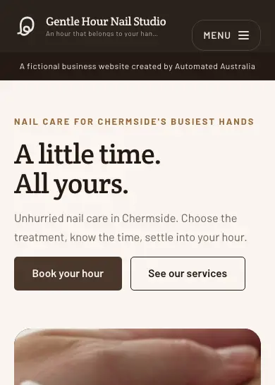 Gentle Hour Nail Studio website, home page, mobile