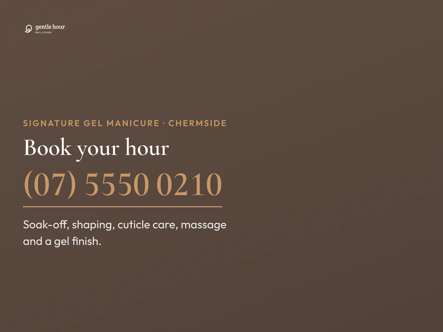 Gentle Hour Nail Studio social post: The full treatment shown in our ad, start to finish: soak-off, shaping, cuticle care, a hand and forearm massage and a cured gel finish. Boo…