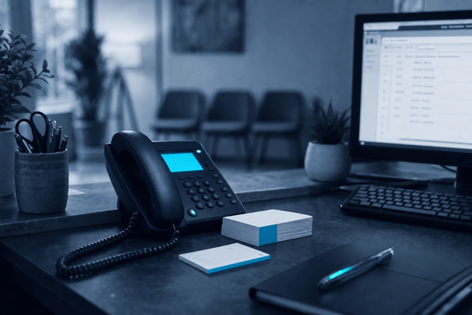 A clinic reception desk mid-rush