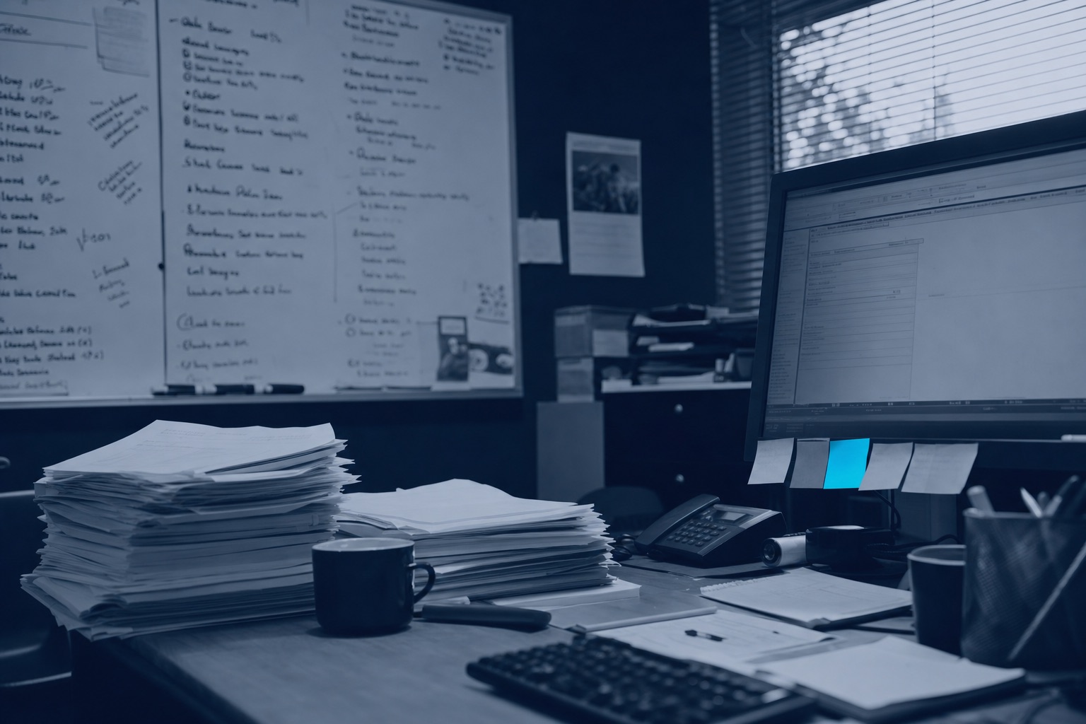 An office of whiteboards and paper invoices
