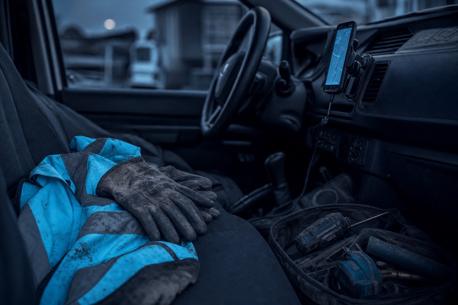 A tradesman's ute dash with a glowing phone