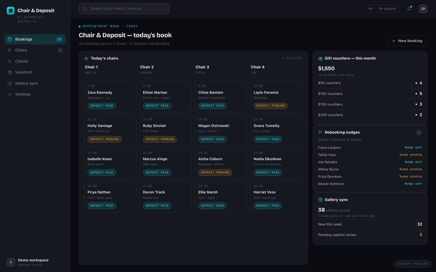 Chair &amp; Deposit appointment book — concept preview
