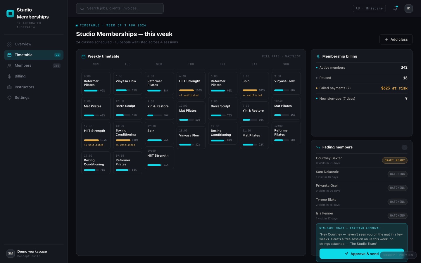 Studio Memberships timetable and billing — concept preview