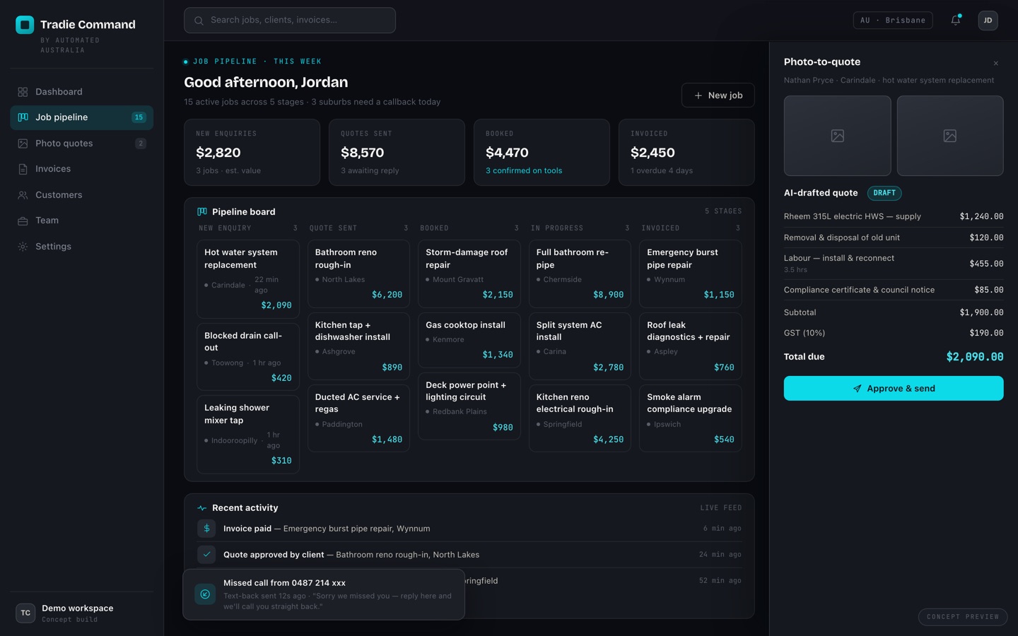 Tradie Command job pipeline — concept preview