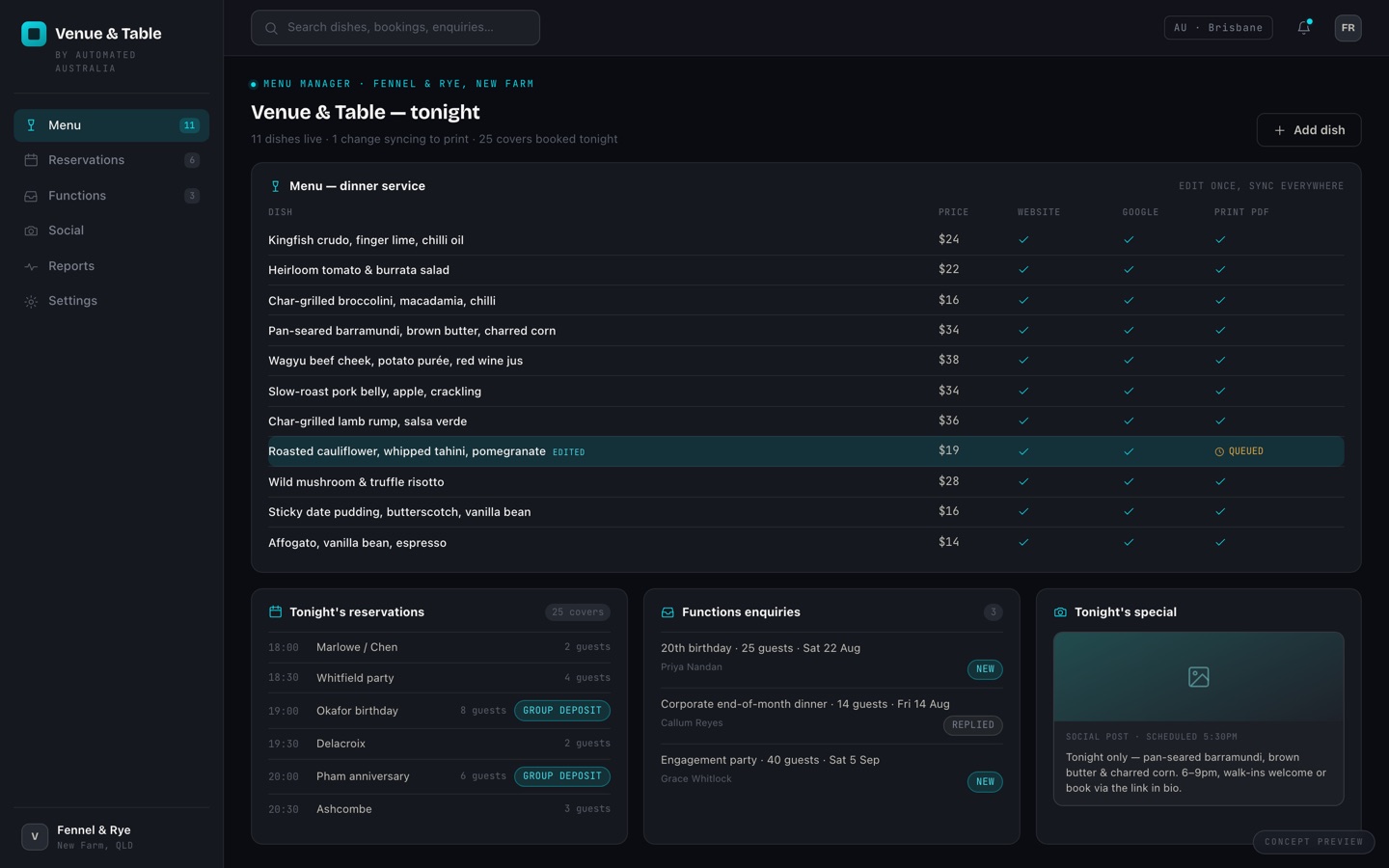 Venue &amp; Table menu manager — concept preview