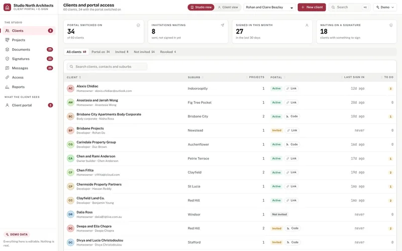 Client Portal + E-sign dashboard, live demo preview