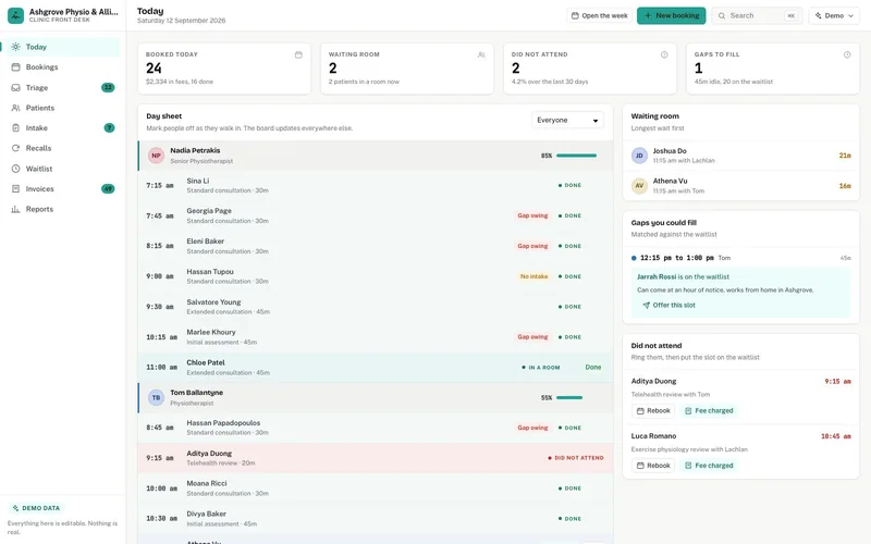 Clinic Front Desk dashboard, live demo preview