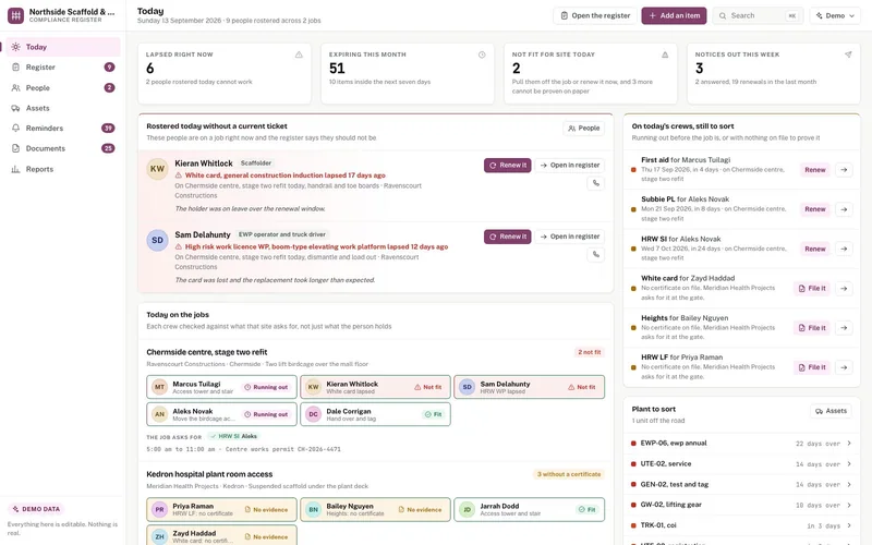 Compliance Register dashboard, live demo preview