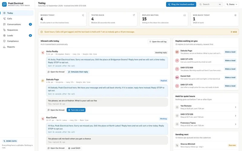 Missed-Call Text-Back + SMS Follow-Up dashboard, live demo preview