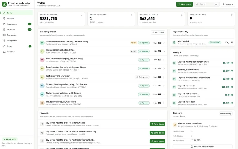 Quote-to-Cash Engine dashboard, live demo preview