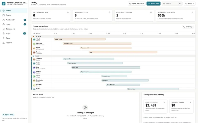 Roster & Timesheets dashboard, live demo preview