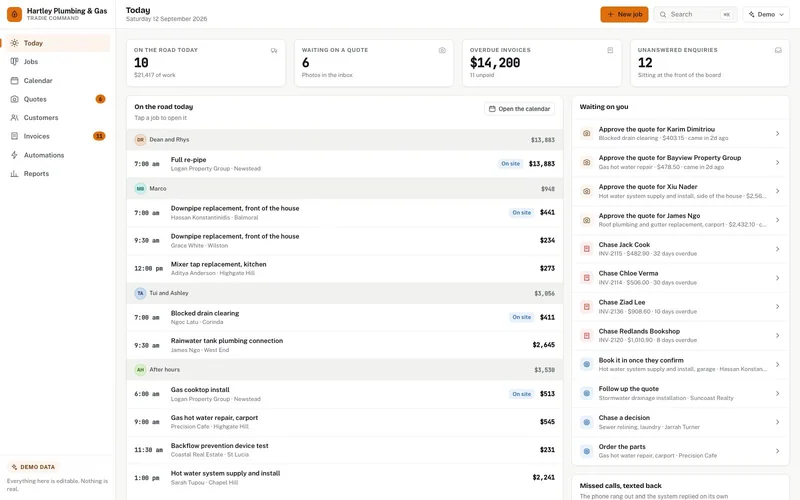 Tradie Command dashboard, live demo preview