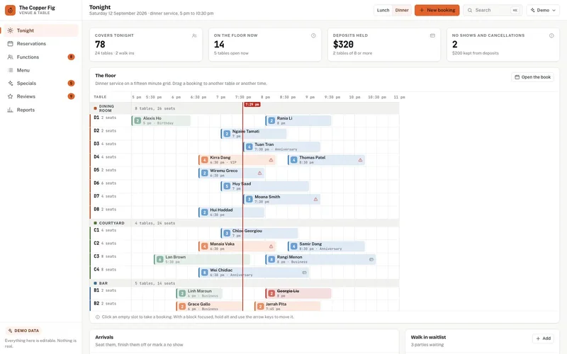 Venue & Table dashboard, live demo preview