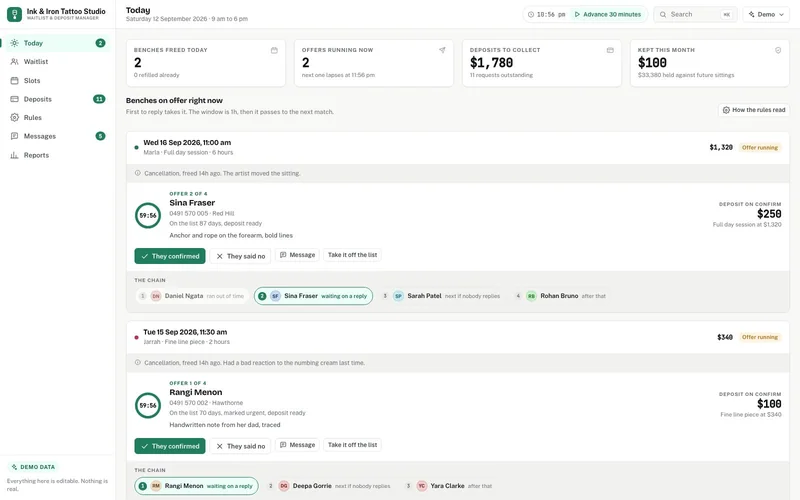 Waitlist & Deposit Manager dashboard, live demo preview